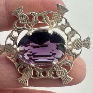 Scottish Thistle Sterling Silver Brooch Purple Glass Stone Celtic Pin